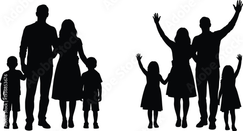 Black Silhouette of Happy Family with Children Standing Together and Waving Hands in Celebration Isolated on White Background for Stock Vector