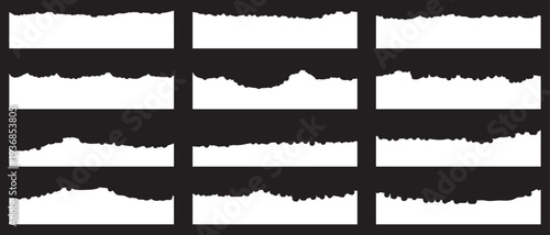 Set of ripped paper on black background. Abstract collection of white torn paper edges and ripped strips isolated vector illustration.