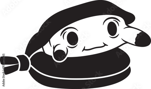 Cute cartoon character peeking from shell vector illustration with big eyes and friendly smile in black and white line art style for kids graphics