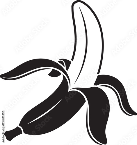 Peeled banana fruit silhouette vector graphic illustration. healthy snack food, tropical fruit, black outline design element.