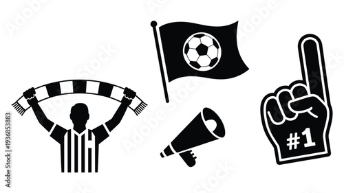 Soccer fan accessories vector icon set including supporter scarf, team flag, vuvuzela horn, and foam finger illustrations