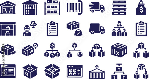 Warehouse Logistics, Supply Chain Network, and Inventory Distribution Blue Icon Set