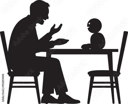 Man sitting at table talking to small figure on transparent background