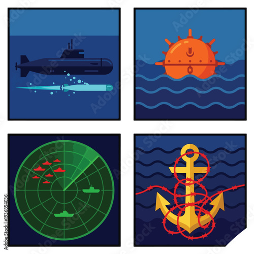 Naval Warfare Submarine and Sea Blockade Concept Set