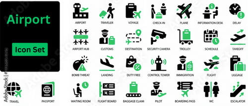 Silhouette vector of Airport icon set. Airport solid icon set. Containing plane, ticket, passport, transport, luggage, travel, landing, check-in, pilot, stewardess, duty free and more. Editable icons.