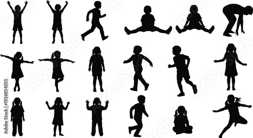 Black Silhouette Set of Happy Children Jumping Running and Playing in Various Active Poses Isolated on White Background for Professional Stock Vecto