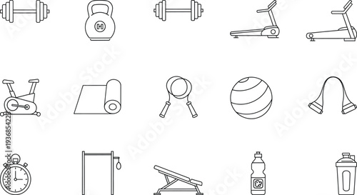 A comprehensive collection of linear black and white icons representing various gym equipment and fitness accessories essential for a healthy and active lifestyle.
