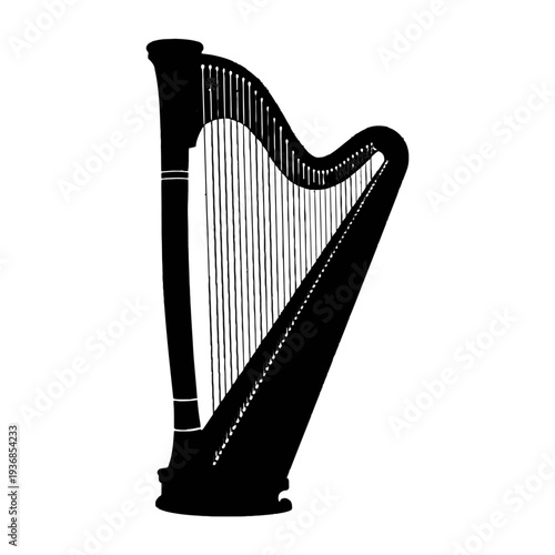 Elegant Black Harp Silhouette Icon, Musical Instrument, Classic Music Symbol isolated on transparent background