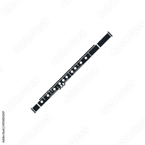Black Silhouette of a Flute Musical Instrument with Key Holes, Isolated on Transparent Background
