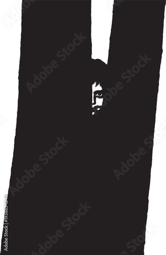 Creepy person peeking from behind dark wall or door silhouette illustration for mystery and suspense concepts in black and white minimalist style