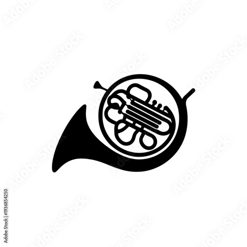 Black French Horn Illustration with Valves and Bell, Musical Instrument Icon isolated on transparent background