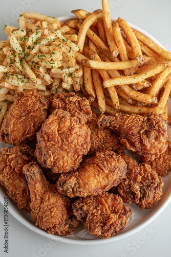 Crispy fried chicken and fries, some with herbs, on white platter
