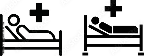 Simple medical icons depicting patients in hospital beds with cross symbols