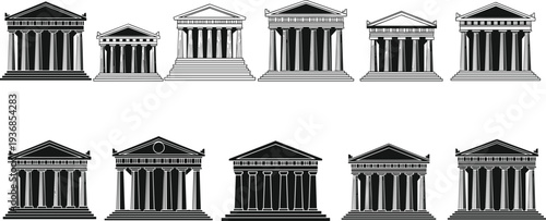 Collection of ancient Greek and Roman temple silhouettes featuring classical columns and pediments for architecture design, history projects, and cultural illustrations.