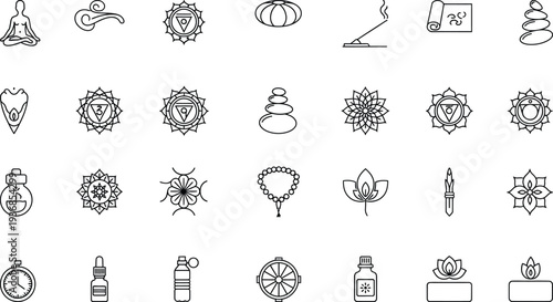 An illustrative assortment of minimalist black and white line icons symbolizing mindfulness, meditation, spiritual practices, and elements commonly associated with yoga and holistic wellness.