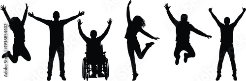 Collection of black silhouettes of men in various casual poses standing and sitting, isolated on white background, flat vector illustration.