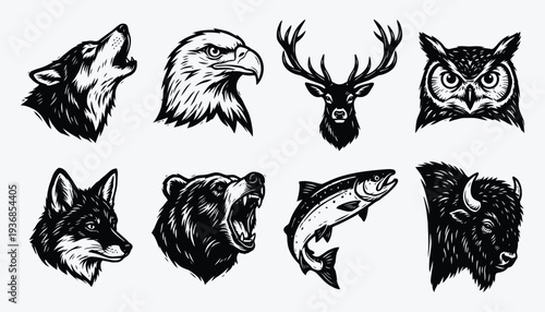 Wildlife Animal Heads Icons Black Silhouette Vector Set