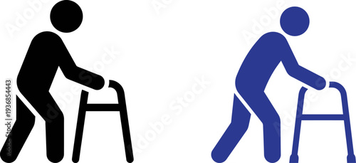 Stylish icons of people using walkers for mobility assistance