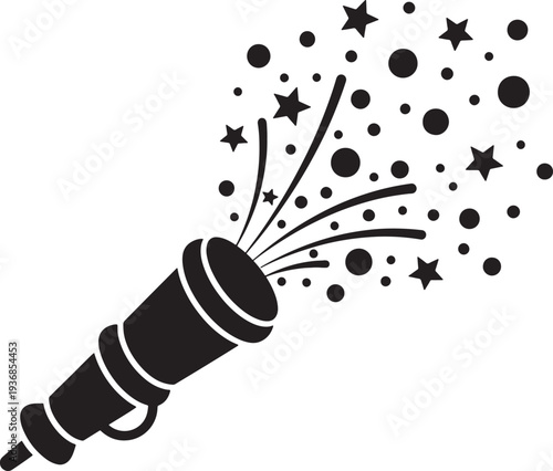 Party popper shooting out confetti stars and round dots in a black vector silhouette for festive celebrations events and surprise party themes