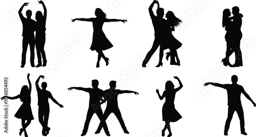 Collection of Diverse Dancers and Romantic Couples Silhouettes Performing Various Poses and Elegant Dance Moves Professional Flat Vector Illustration