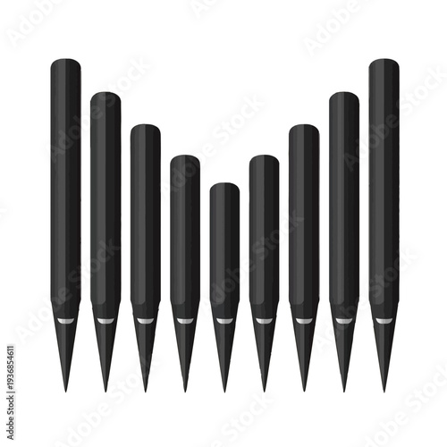 Collection of black graphite pencils of varying sizes arranged in a curve, school supplies for drawing and writing, isolated on transparent background