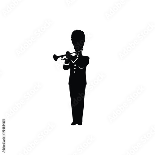 Silhouette of a Drum Major in uniform playing a trumpet, marching band musician, png isolated on transparent background