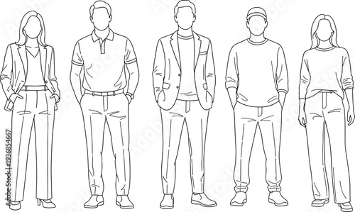Diverse group of professional men and women in smart casual business attire minimalist line art style for office teamwork and modern career flat vector illustration.