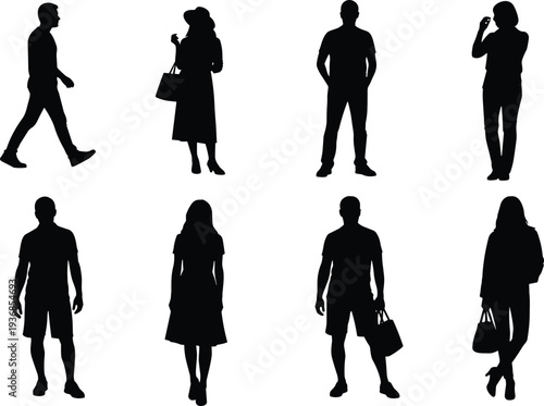 Diverse group silhouettes of men and women in casual summer clothing and fashion styles for social community lifestyle and urban walking concepts flat vector illustration.