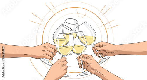 Multiple hands are raised together to clink wine glasses filled with white wine in a celebratory toast during a social gathering or party.