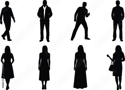 Diverse group silhouettes of men and women wearing winter coats jackets and backpacks standing in casual outdoor clothing for seasonal fashion and travel flat vector illustration.