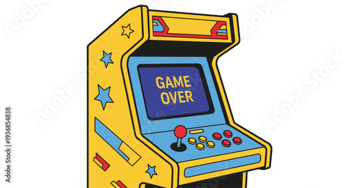 Retro arcade game machine in yellow with stars features a game over message on the screen and traditional joystick and button controls.