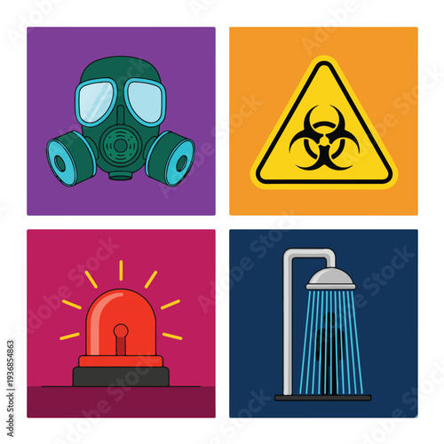 Chemical Threat Biohazard Prep and Gas Mask Icon Set