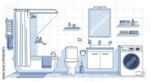 Modern bathroom interior is neatly arranged with a bathtub, toilet, sink, washing machine, and various accessories in a clean blue and white theme.