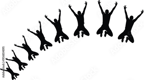 Dynamic set of black silhouettes showing a man jumping for joy in a circular arc representing success, freedom, achievement, and energy.