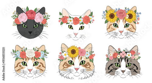 Set of six adorable cat faces are illustrated wearing beautiful flower crowns made of roses, sunflowers, and various colorful blossoms.