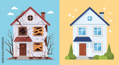 Before and after comparison shows a derelict house with broken windows and cracks next to a fully renovated and sparkling clean home.