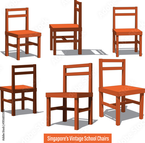 Six views of vintage Singapore school chairs. These wooden chairs have a simple design with a flat seat, straight backrest with horizontal slats, and sturdy legs, highlighted from various angles.