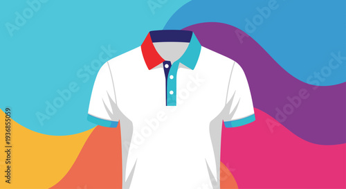 Stylish white polo shirt with a colorful red and blue collar is displayed against a vibrant background of wavy abstract purple and orange shapes.