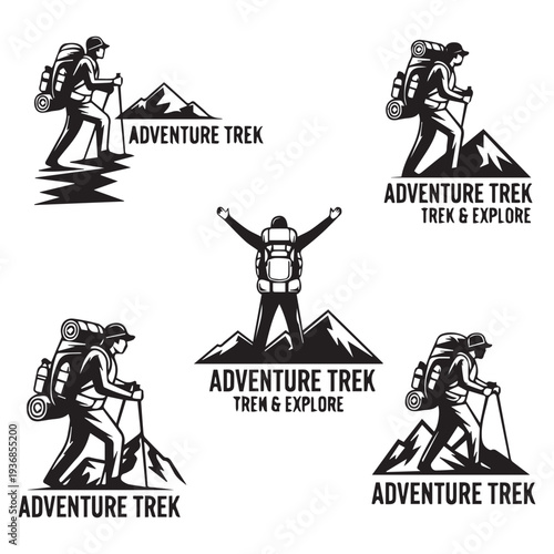 Hiking trekking adventure logo set with mountain climber silhouettes