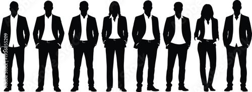 Large professional business team silhouettes standing in formal blazers and suits diverse corporate group for office leadership and company success flat vector illustration isolated