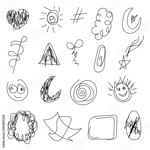Hand-drawn messy scribble and doodle vector collection, Minimalist black ink sketch elements for social media, Abstract organic line art icons and quirky symbols, Set of artistic hand-sketched doodles