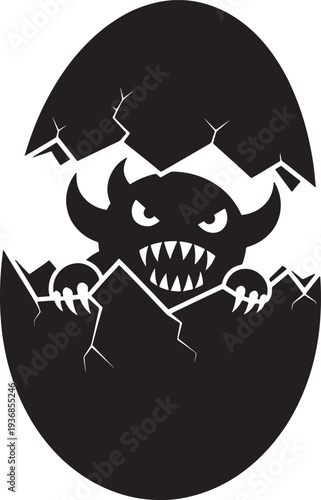 Baby monster hatching from broken egg, silhouette vector graphic illustration. terrifying creature with fangs and horns breaking shell