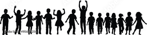 Large set of black silhouettes featuring a diverse group of young children and students standing walking and playing together for childhood joy.