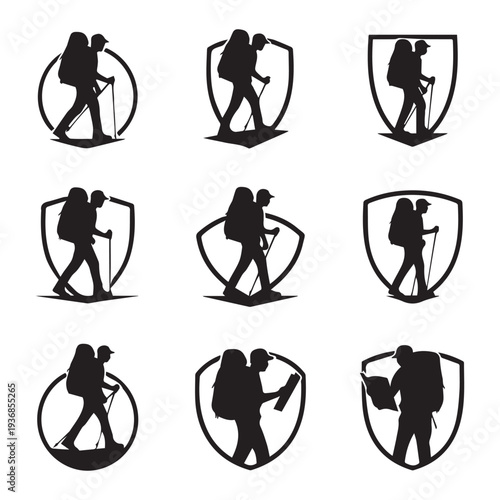 Hiking couple silhouette icons, adventure shield logos, outdoor travel symbols