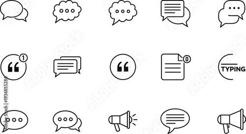 An extensive range of black and white line icons dedicated to communication, featuring various speech bubbles, chat indicators, quotation marks, and megaphone symbols for digital interaction.