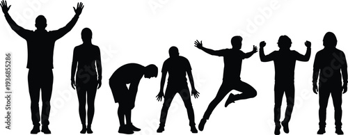 Large set of black silhouettes featuring families with kids, senior hikers, business professionals, scuba divers, and athletes for diverse lifestyle commercial design