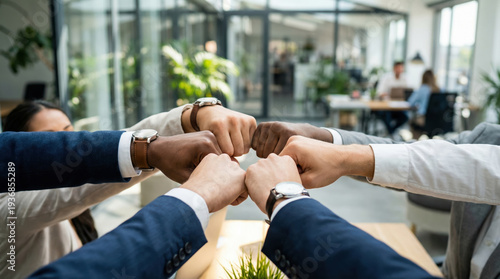 Diverse group showing teamwork and collaboration with fist bump. symbol of success, unity, and strong partnership for business goal in modern office