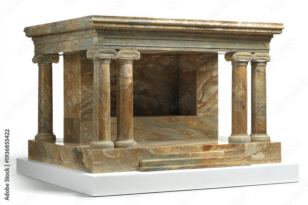 Obraz premium Marble tabletop structure with columns on a white platform, artful marble pattern