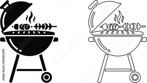 Black and white illustration of two barbecue grills with open lids and sizzling sausages