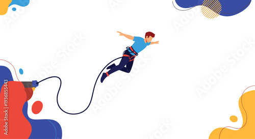 Brave person is performing a bungee jump against a creative background with large colorful abstract shapes and patterns in a modern style.